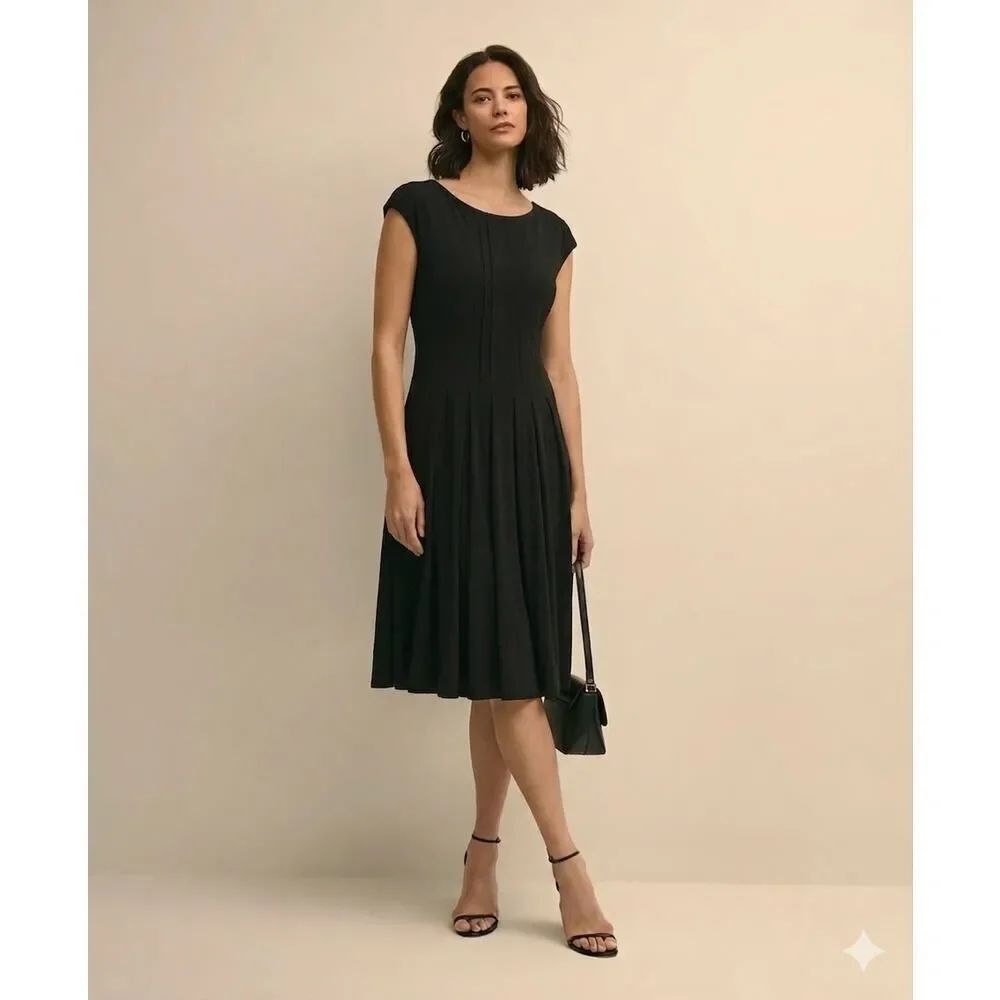 Lauren Ralph Lauren Black Fit Flare Midi Dress Size 12 Cap Sleeve Classic Preppy